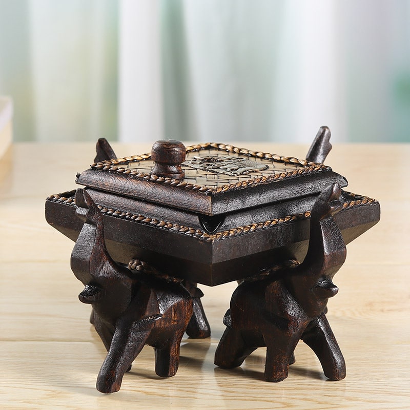 "Thai" - Solid Wood Ashtray Handmade With Carving - With Lid