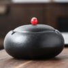 black Ceramic Ashtray With Lid and red knob