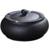Black Round Ceramic Ashtray With Lid On White Background