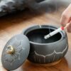 Ceramic Ashtray With Lid With Lotus Painting