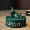 Cool Bulldog Ashtray Green Resin With Lid