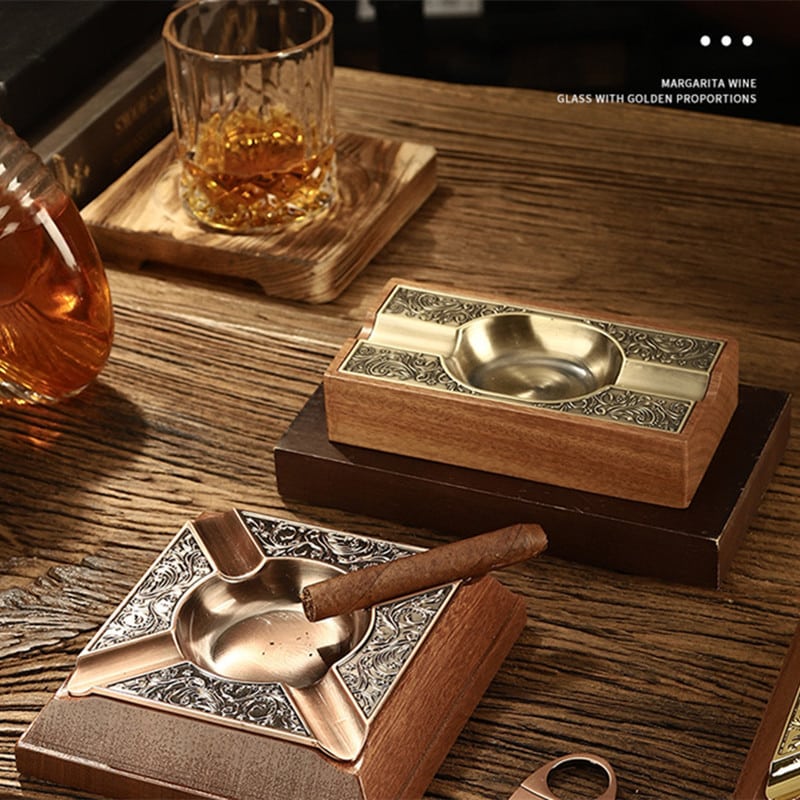 High-End Wooden Cigar Ashtray – Gold Bronze Copper