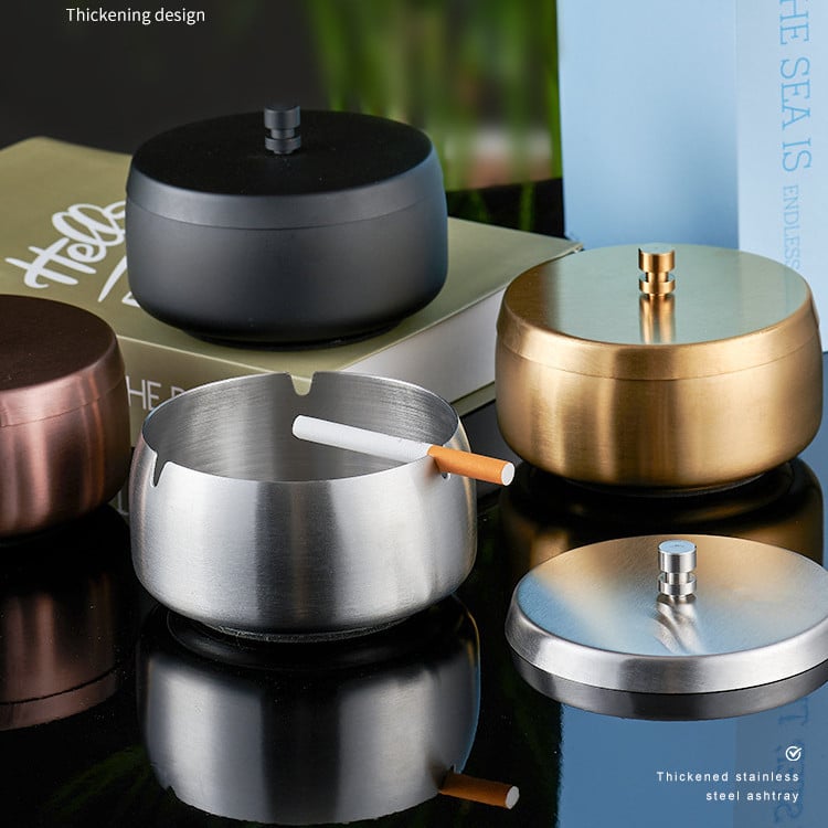 Large Stainless Steel Ashtray With Cover - Perfect For Outdoors