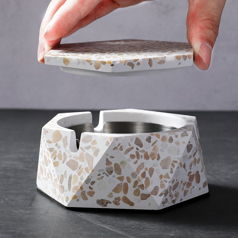 Outdoor Ashtray With Cover Handmade Cement Terrazzo