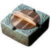 Retro Ceramic Ashtray With Wooden Lid Green