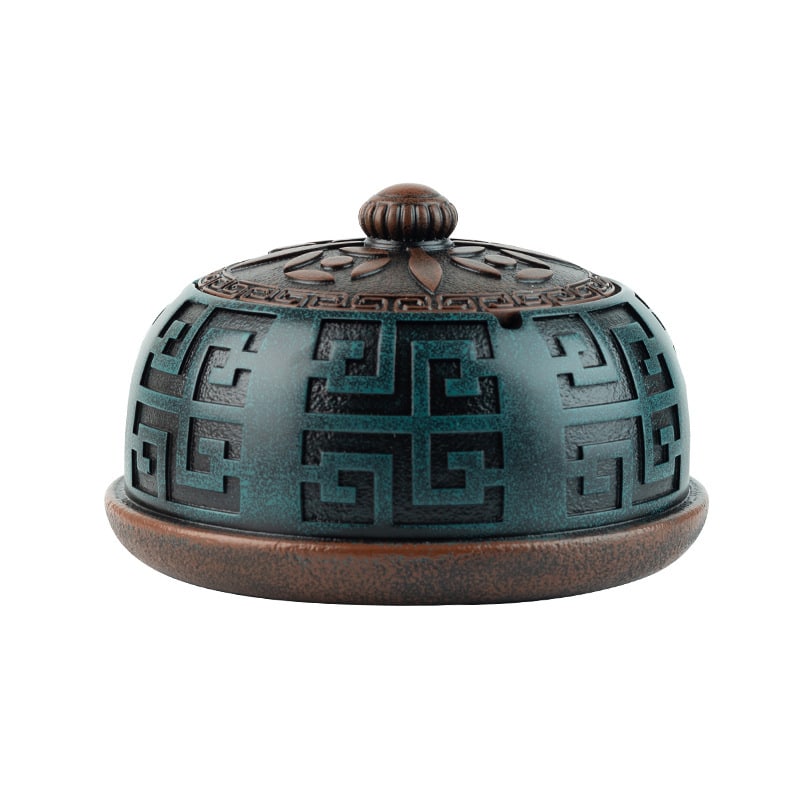 Retro Resin Ashtray With Lid Green Color With Brown Lid
