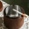 Smokeless Outdoor Ashtray With Lid Wooden With Metal Inlay