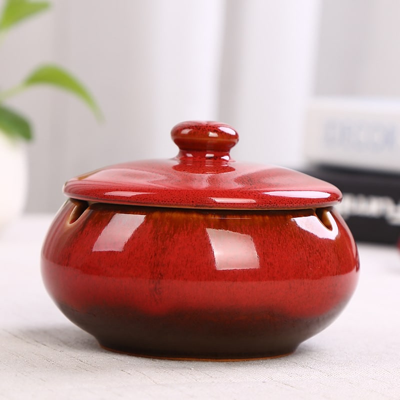 Ashtray With Lid Ceramic Glossy Red
