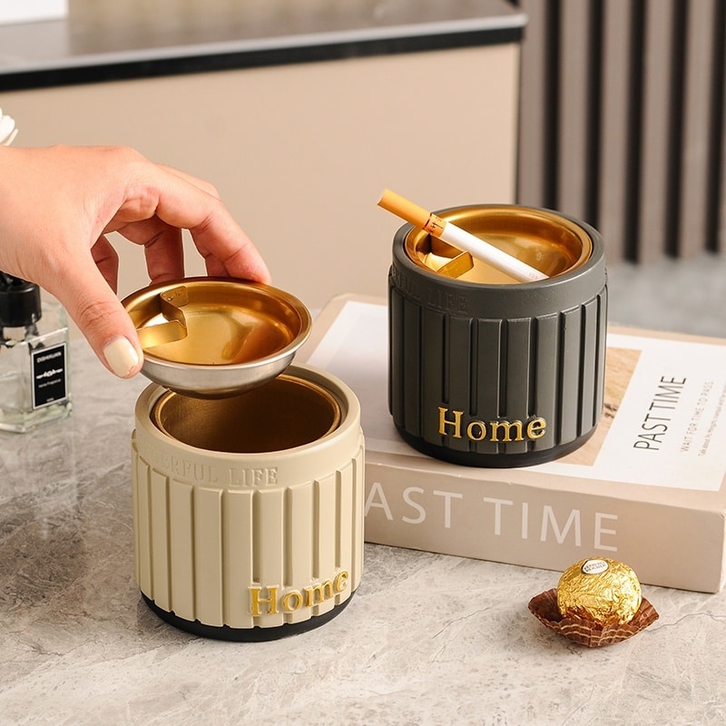 Resin Ashtray With Funnel Lid And Metal Tray